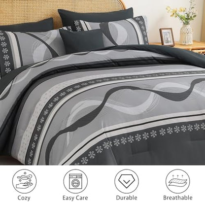 Anibedding Grey Comforter Set King Size,8 Pieces Striped Bed in a Bag