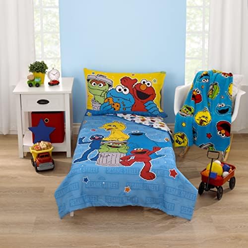 Sesame Street Come and Play Blue, Green, Red and Yellow, Elmo, Big Bird, Cookie Monster, and Oscar The Grouch Toddler Blanket