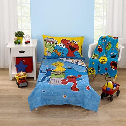 Sesame Street Come and Play Blue, Green, Red and Yellow, Elmo, Big Bird, Cookie Monster, and Oscar The Grouch Toddler Blanket