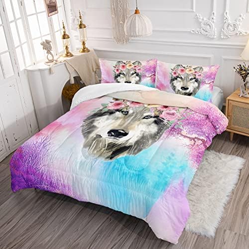 Wolf Comforter Set Tie Dye Wolf Bedding Set for Kids Teens Room Decor Romantic Pink Rose Wild Animals Comforter with 2 Pillowcases