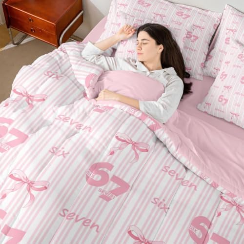 Erosebridal Queen Size Pink 67 Bow Comforter Set 7 Piece for Kids Girls Princess Bedroom,Cute Coquette Bowknot Bedding Set Girly Kawaii Six Seven Bed in A Bag Funny Trendy Number Print Bed Set