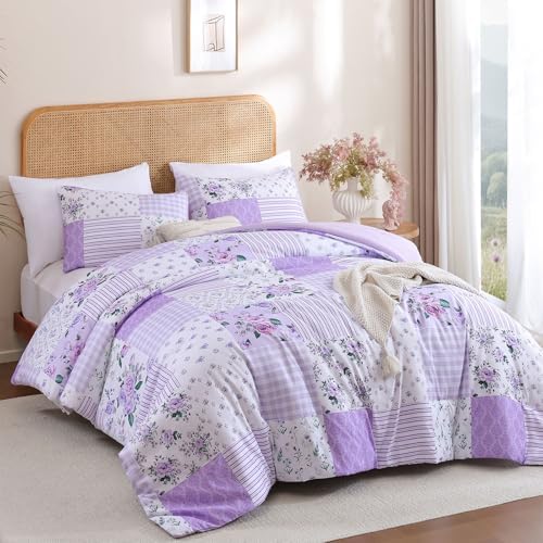 YIKUSH Purple Floral King Comforter Set, Soft Lightweight All Season Bedding Set for Women Girls, Cozy Cottagecore Botanical Comforter King Size with 2 Pillow Shams, Breathable Floral Bed Set