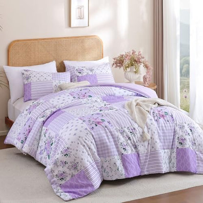 YIKUSH Purple Floral King Comforter Set, Soft Lightweight All Season Bedding Set for Women Girls, Cozy Cottagecore Botanical Comforter King Size with 2 Pillow Shams, Breathable Floral Bed Set