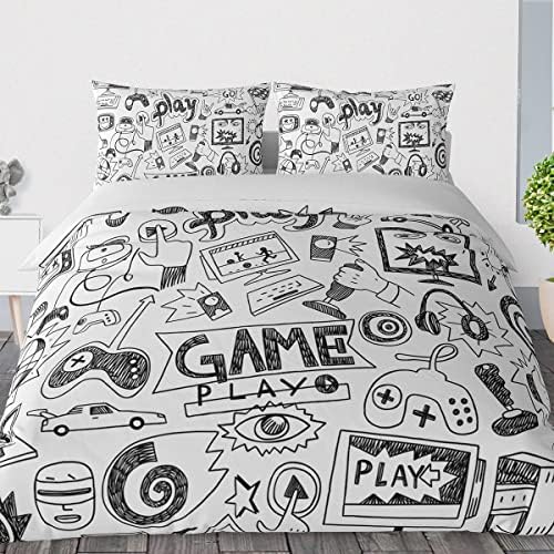 Gaming Comforter Sets for Boys Teen Queen Size,Kids Video Games Bedding Set Sketch Style Athletic Racing Game Design Bedroom Home Decor