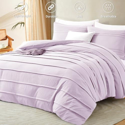 Oli Anderson 3PCS Pleated Duvet Cover Set, Light Purple, Queen