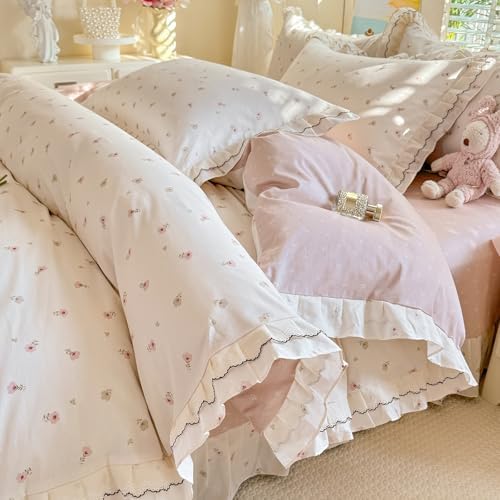 mixinni Shabby Chic Tiny Pink Floral Duvet Cover Twin, 100% Cotton Reversible Bedding with Double Ruffle Black Lace Trim, Vintage Farmhouse Princess Comforter Cover with Zipper & Corner Ties