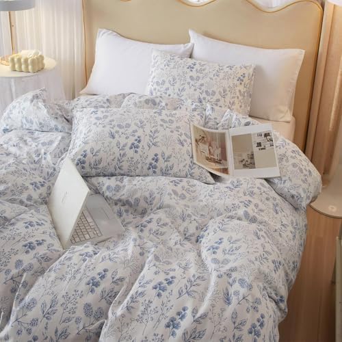 Blue Floral Comforter Set Twin XL Vintage Floral Botanical Bedding Comforter Set Cottagecore Cute Flowers Comforter with 2 Pillowcases Fluffy Soft Aesthetic Botanical Bedding Set for All Seasons
