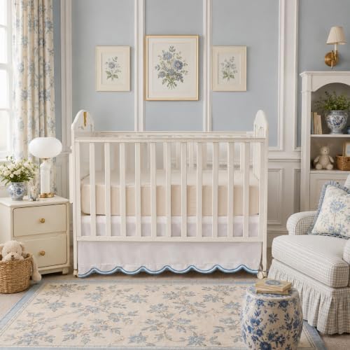 Brandream 100% Organic Cotton Crib Skirt for Baby Boy & Girl, Embroidered Blue Scalloped Edge Crib Dust Ruffle, Soft Breathable Nursery Bedding Decoration, Fits Standard Cribs & Toddler Bed, 16" Drop