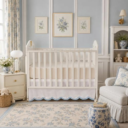 Brandream 100% Organic Cotton Crib Skirt for Baby Boy & Girl, Embroidered Blue Scalloped Edge Crib Dust Ruffle, Soft Breathable Nursery Bedding Decoration, Fits Standard Cribs & Toddler Bed, 16" Drop