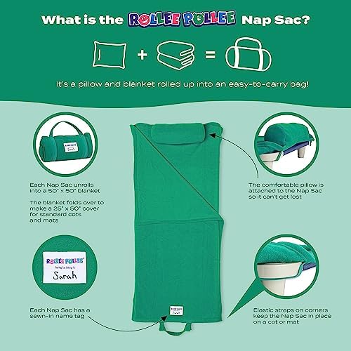 ROLLEE POLLEE Nap Sac Roll Up Napping Blanket with Attached Pillow for Preschool/Daycare, Super Soft with Elastic Straps, Fits Most Mats and Cots