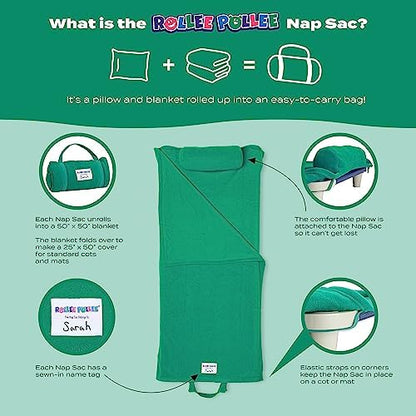 ROLLEE POLLEE Nap Sac Roll Up Napping Blanket with Attached Pillow for Preschool/Daycare, Super Soft with Elastic Straps, Fits Most Mats and Cots