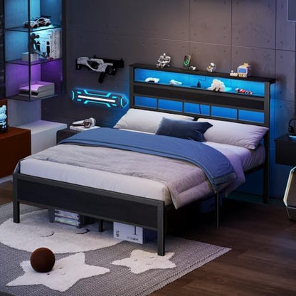 Furnulem Queen Bed Frame with Storage Headboard and LED Lights, Black Oak
