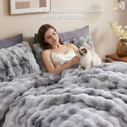 Smoofy Fluffy Faux Rabbit Fur Bubble Comforter Full Size - Tie Dye Grey