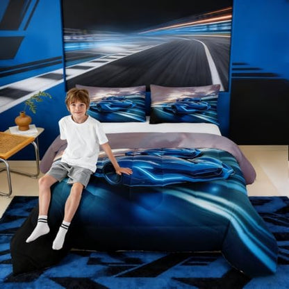 Race Car Toddler Bedding Set Cool Sports Car bedding comforter sets, Racing Car Competition bed sets for Boys youth Extreme Sports Theme Kids Room Decor, automobile vehicle Comforter Full Size