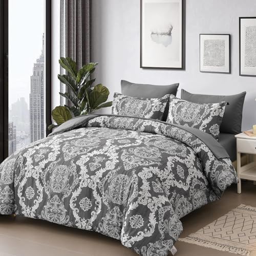 WONGS BEDDING Dark Grey Comforter Set King Size, Damask Texture 7 Pieces Bed in a Bag Microfiber Comforter Bedding Sets -1 Comforter, 1 Flat Sheet, 1 Fitted Sheet, 2 Pillow Shams, 2 Pillowcases