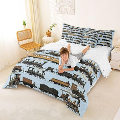 Erosebridal 7 Pcs Vintage Steam Train Comforter Set for Boys Kids Travel Locomotive Train Twin Bedding Set with Sheets for Teens Men Transport Vehicle Bed in A Bag Steampunk Railway Bed Sets Blue