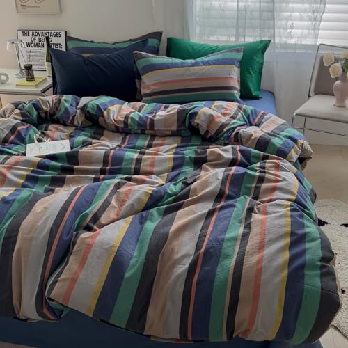 mixinni Vintage Striped Duvet Cover Queen Size 100% Washed Cotton 3 Piece Bedding Set Soft Breathable Retro Mid Century Modern Duvet Cover with Zipper Closure and Corner Ties for Boys Girls