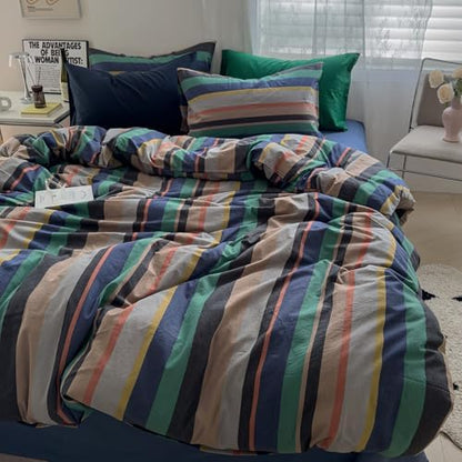 mixinni Vintage Striped Duvet Cover Full 100% Washed Cotton Bedding Set Retro Mid Century Modern Striped Duvet Cover with Zipper Closure Corner Ties for Kids Teens Dorm