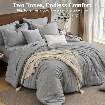 JOLLYVOGUE Grey Full Comforter Set, Cationic Dyeing Bed in a Bag Full 7 Pieces, Double-Tone Bedding Set with Down Alternative Comforter, Sheets, Pillowcases & Shams