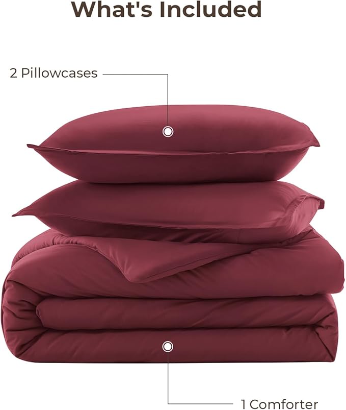 Litanika Burgundy Red Comforter Set Queen Size, 3 Pieces Lightweight Solid Bedding Comforter Set, All Season Fluffy Bed Set (90x90In Comforter & 2 Pillowcases)