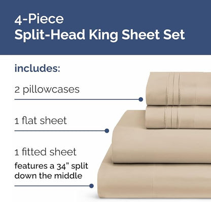 Flex Top Split Head King 4 Piece Sheet Set - Comfy Breathable & Cooling Bed Sheets Set - Hotel Luxury Bedding for Women, Men, Kids, Teens, Boys & Girls - Deep Pockets, Ultra-Soft - Oeko-Tex - Wheat