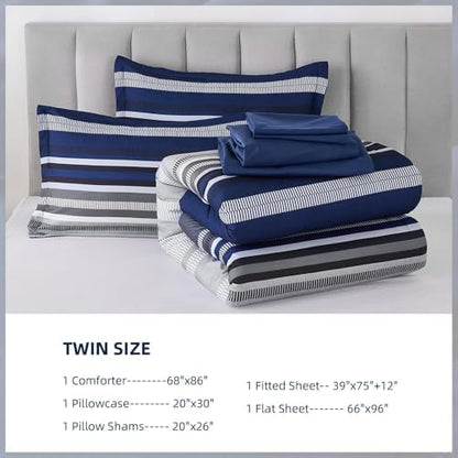 Dobuyly Navy Blue Comforter Set Twin Size Bed in a Bag 5 Piece, Classic Striped Bed Bedding Set with Sheets Soft Microfiber All Season for Teen Boys