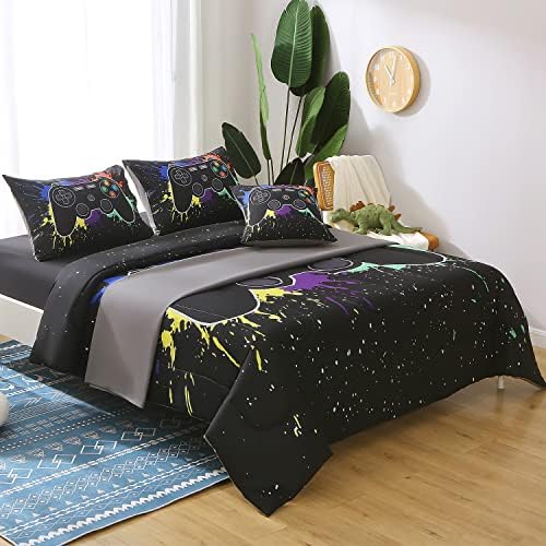 JQinHome Queen Gamer Comforter Sets for Boys&Girls,6 Piece Bed in A Bag 3D Video Game Bedding -All Season Microfiber Gamer Bedding Sets for Kids, with Pillowcase, Flat & Fitted Sheet,Cushion Cover