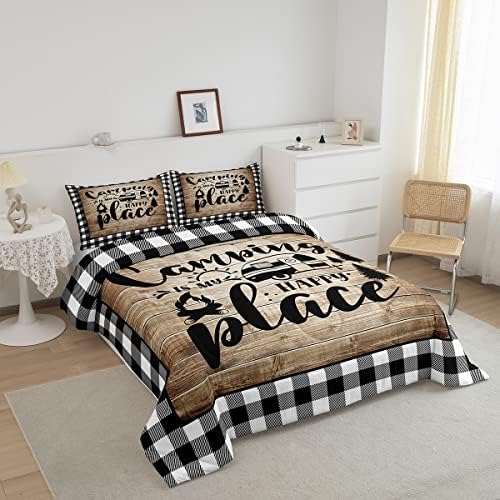 Happy Camping Comforter Set Full Size,Camper RV Trailer Decor Bedding Set 3pcs for Kids Boys Girls Adults,Rustic Wooden Plank Geometric Grids Down Comforter,Brown Retro Duvet Insert,2 Pillowcases