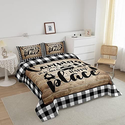 Happy Camping Comforter Set Full Size,Camper RV Trailer Decor Bedding Set 3pcs for Kids Boys Girls Adults,Rustic Wooden Plank Geometric Grids Down Comforter,Brown Retro Duvet Insert,2 Pillowcases