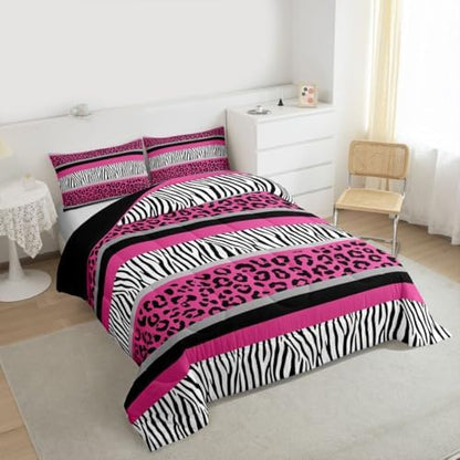 Zebra Stripes Comforter Leopard Print Comforter Set for Kids Boys Girls Pink Black White Zebra Leopard Fur Bedding Set Ultra Soft Decor Wild Animal Skin Texture Pattern Duvet Set Full Size Quilt Set