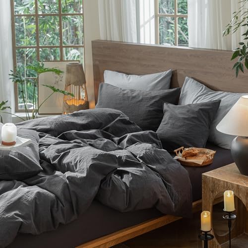 MooMee Wavy Striped Duvet Cover Set 100% Washed Cotton Linen Like Textured Breathable Durable Soft Comfy (Charocal Grey, Queen 90"x90")