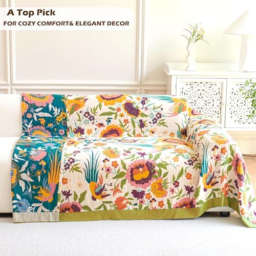 VANJOROY Boho Throw Blanket 50" x 60", 100% Organic Cotton Skin-Friendly Soft Bed Quilt Throw - All Season Floral Rustic Farmhouse Decor Luxury Blanket for Sofa Couch Chair and Gift.