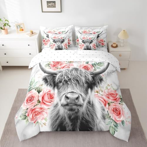 Erosebridal Highland Cow Flower Full Comforter Set with Sheets 7 Piece Rose Grey Marble Bed in A Bag Western Funny Animal Bedding Sets for Kids Boys,Wildlife Farmhouse Cattle Bed Set