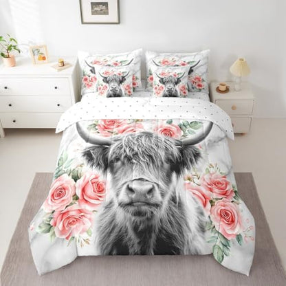 Erosebridal Highland Cow Flower Twin Comforter Set with Sheets 7 Piece Rose Grey Marble Bed in A Bag Western Funny Animal Bedding Sets for Kids Boys,Wildlife Farmhouse Cattle Bed Set