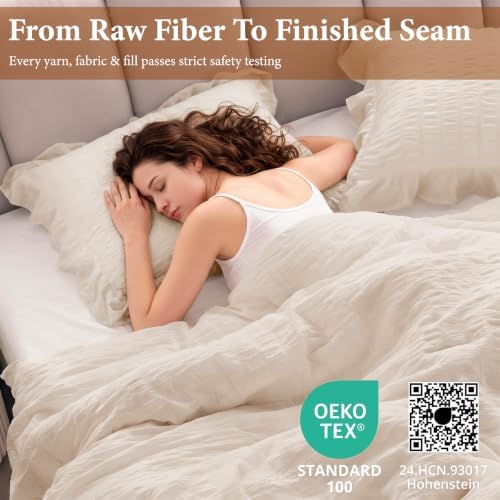 JOLLYVOGUE Beige Queen Comforter Set, 3 Pieces Seersucker Comforters Queen Size, Lightweight & Fluffy Bedding Sets Queen for All Season with 1 Ruffle Comforter and 2 Ruffle Pillowshams