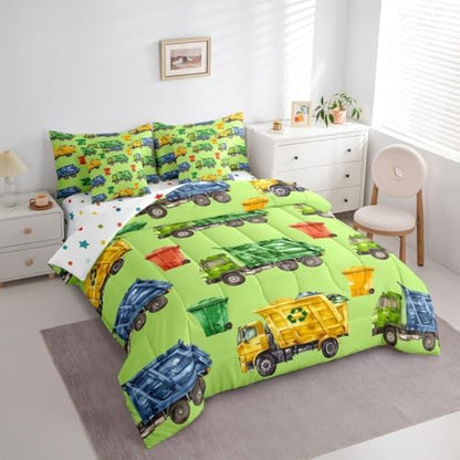 Erosebridal Boys Garbage Trucks Full Bed in A Bag, Trash Truck Comforter Set with Sheets, Cartoon Car Bed Sets for Teens Men Kids Room Decor, Colourful Trash Cans Green 7 Pieces Bedding Set