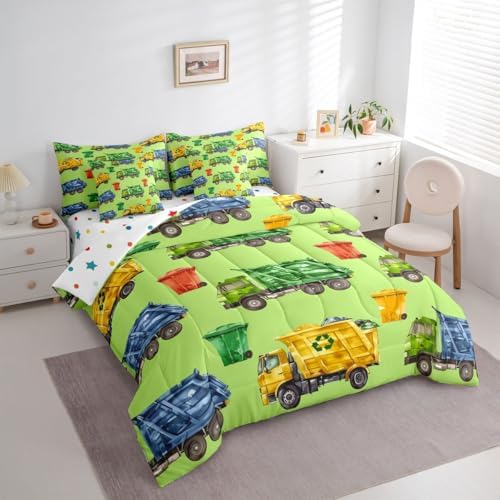 Erosebridal Boys Garbage Trucks Twin 7-Piece Bedding Set, Trash Truck Comforter Set with Sheets, Cartoon Car Bed in A Bag for Teens Men Kids Room Decor, Colourful Trash Cans Green Bed Sets