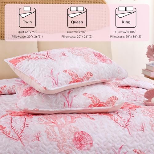 weigelia Coastal Quilt Bedding Set King Size - Lightweight Summer Bedspread in Pink Sea Turtle Coastal Decor, Soft Nautical Comforter for All Season for Coquette Room Decor Bedroom