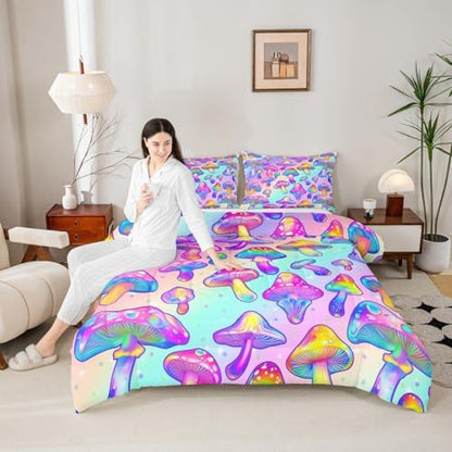 Mushroom Comforter Set Colorful Hippie Style Mushroom Bedding for Boys Girls Blue Purple Gradient Bedding Comforter Sets Exotic Botanical Plants Fungi Decor Duvet Insert Halloween Themed Quilt Full