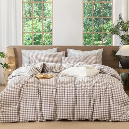 MooMee Gingham Duvet Cover Set 100% Washed Cotton Linen Like