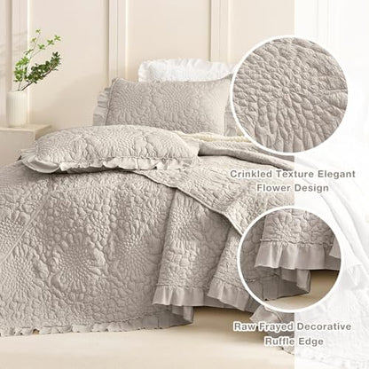 Masaca Oversized King Bedspread(118"x106"),Ruffled Farmhouse Shabby Boho Chic California King Quilt Set Oversized Linen Colored Crinkled Lightweight Rustic Stone-Washed Microfiber Bedding Set