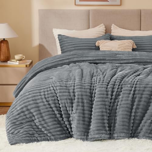 BEDELITE Fleece King Comforter Set, Fluffy Bed Set, Grey