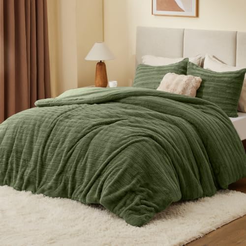 BEDELITE Faux Fur King Size Comforter Set, Fluffy Bed Set, Olive Green
