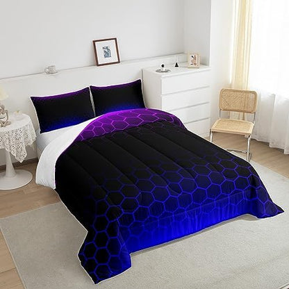 Honeycomb Bedding Set Full Size, Purple Blue Ombre Comforter Geometrics Hexagon Comforter Set for Kids Boys Girls Beehive Hexagon Duvet Set Breathable Room Decor Microfiber Bed Set