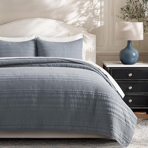 EVERGRACEHOME 100% Cotton Modern Lines Quilt Set King Size, Smoky Blue
