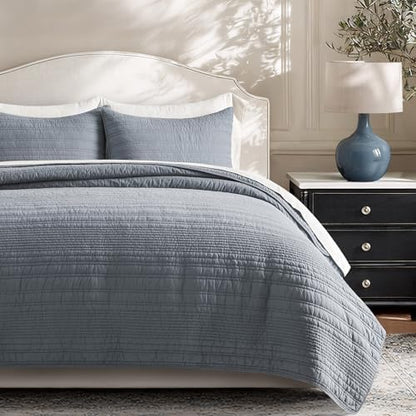 EVERGRACEHOME 100% Cotton Modern Lines Quilt Set King Size, Smoky Blue