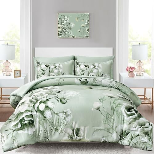 Luxudecor Floral Comforter Set Queen Size 7 Piece, Sage Green Flower Bed in a Bag, Elegant Floral Comforter with Sheet Set, Soft Seersucker Microfiber Bedding Set (Sage Green, 90"x90")
