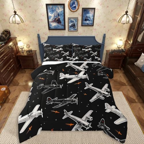 Erosebridal Boys Cartoon Airplane King Comforter Set, Modern Aircraft Bedding Set, Black and White Comforter, Aviation Theme Quilt with 2 Pillowcases for Kids Men Bedroom Decor, 3 Pcs