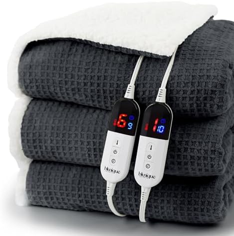Heated Blanket Electric Blanket Queen Waffle, 84x90 Inches Dual Controllers Sherpa Fleece Fast Heating Blanket 6 Heating Levels & 10 Hours Auto Off ETL Certification,Charcoal Grey Queen