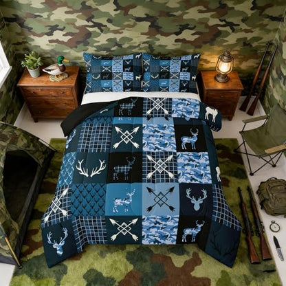 Feelyou Camo Deer Antlers Bedding Set Soft for Boys Girls, Animal Arrow Silhouette Comforter Set King Size Rustic Cabin Duvet Quilt Microfiber Lattice Bedroom Decor 3 Pcs with 2 Pillow Cases
